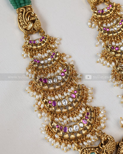 7195 - Premium Mint Onyx Beads No Idol Chandbali Design Long Chain / Haaram with Earring
