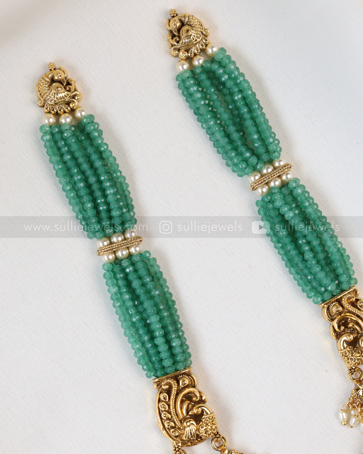 7195 - Premium Mint Onyx Beads No Idol Chandbali Design Long Chain / Haaram with Earring