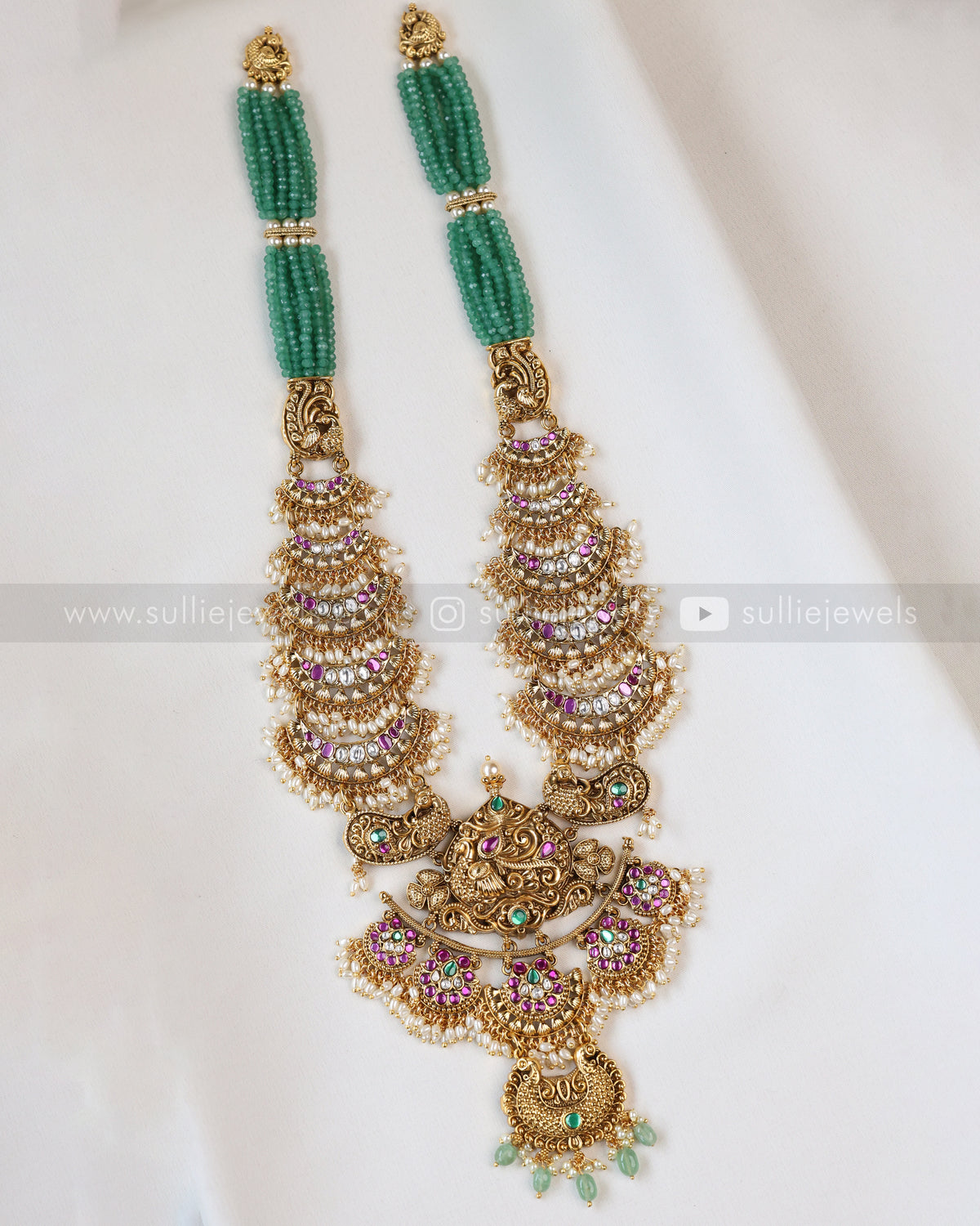 7195 - Premium Mint Onyx Beads No Idol Chandbali Design Long Chain / Haaram with Earring
