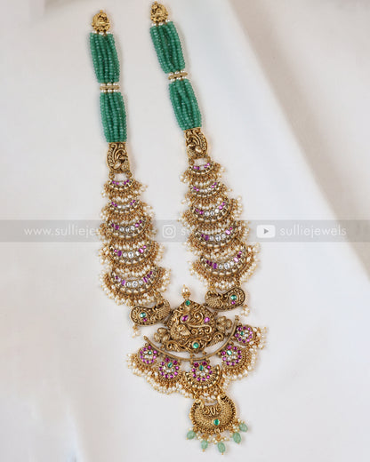 7195 - Premium Mint Onyx Beads No Idol Chandbali Design Long Chain / Haaram with Earring