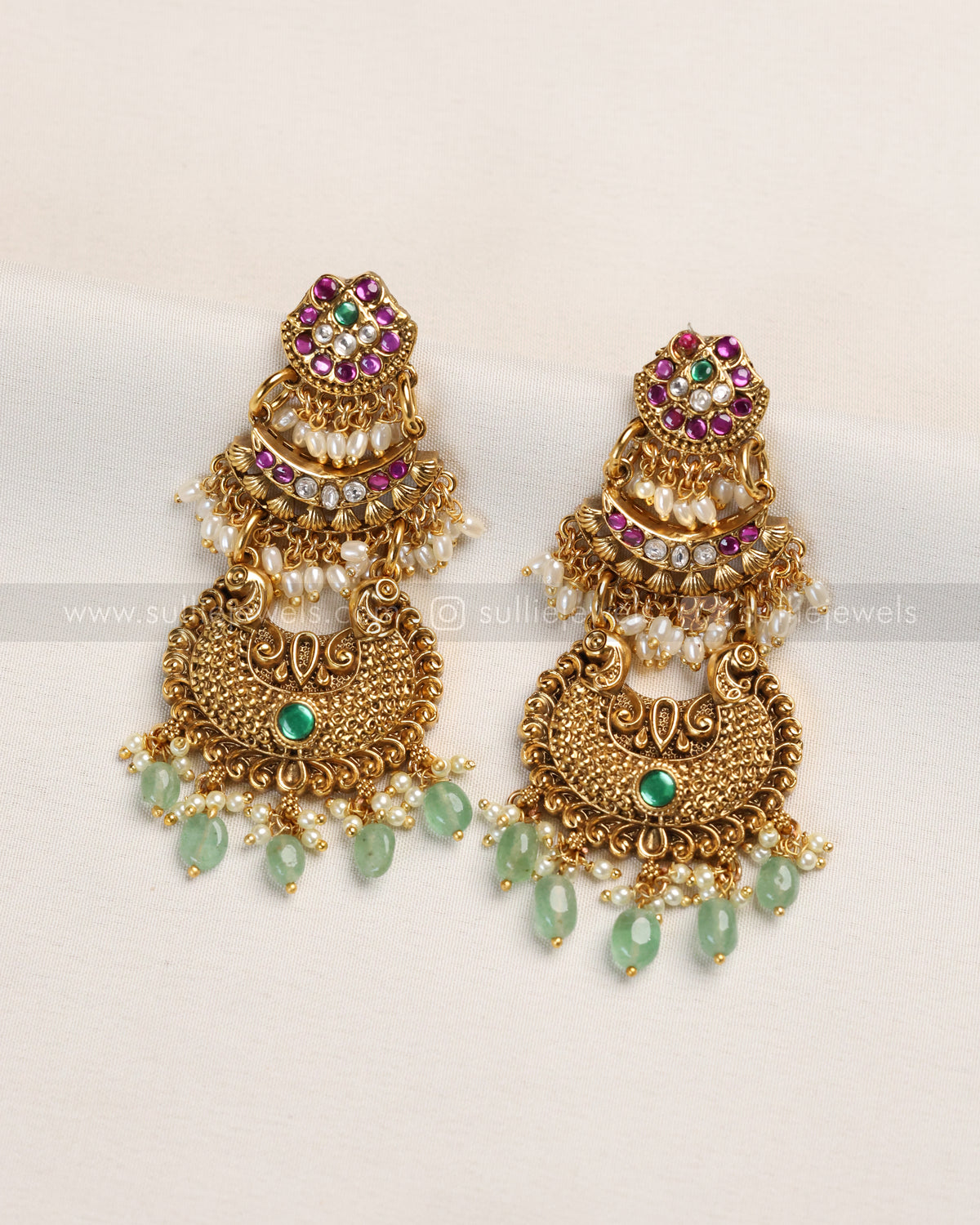 7195 - Premium Mint Onyx Beads No Idol Chandbali Design Long Chain / Haaram with Earring