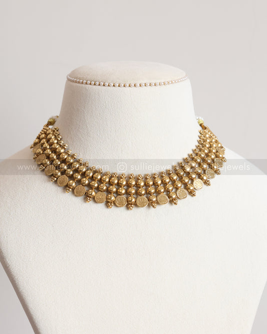 3783 - Sullie Basic - Golden Beaded Coin  Necklace with Stud