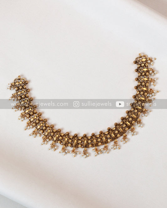 Sullie Basic - Antique Gold & Pearl Interlock Necklace with Stud