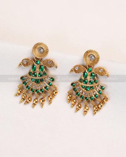 6072 - Sullie Basic - Two Headed Bird Pendant Gold Chain with Earring - Green