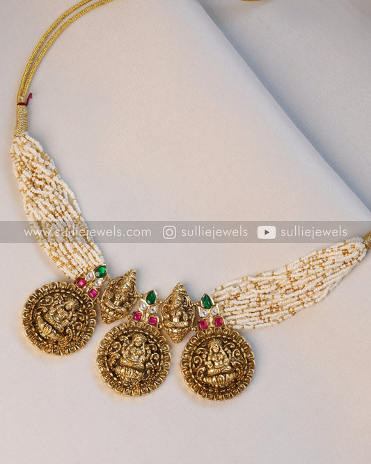 Pearl Cluster & Lakshmi Coin Premium Necklace with Stud