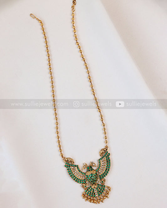 6072 - Sullie Basic - Two Headed Bird Pendant Gold Chain with Earring - Green