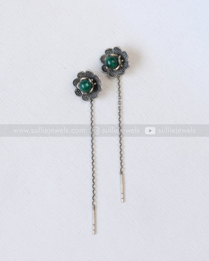Sui Dhaga Oxidised Green Flower Earrings