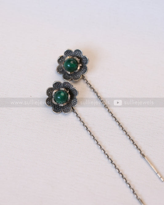 E113 - Sui Dhaga Oxidised Green Flower Earrings