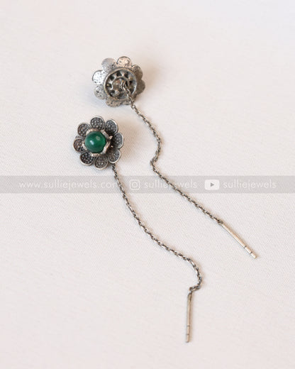 Sui Dhaga Oxidised Green Flower Earrings