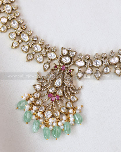 3637 - Mint Premium Victorian Stone Peacock Necklace with Earring