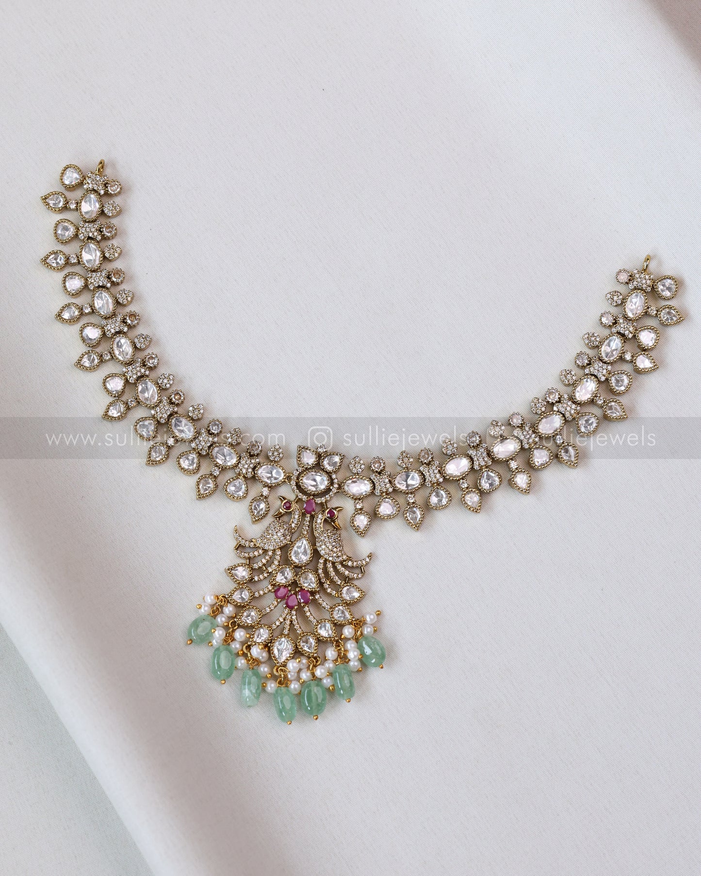 3637 - Mint Premium Victorian Stone Peacock Necklace with Earring