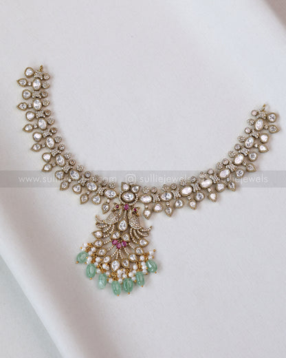 3637 - Mint Premium Victorian Stone Peacock Necklace with Earring