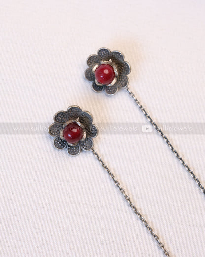 Sui Dhaga Oxidised Red Flower Earrings