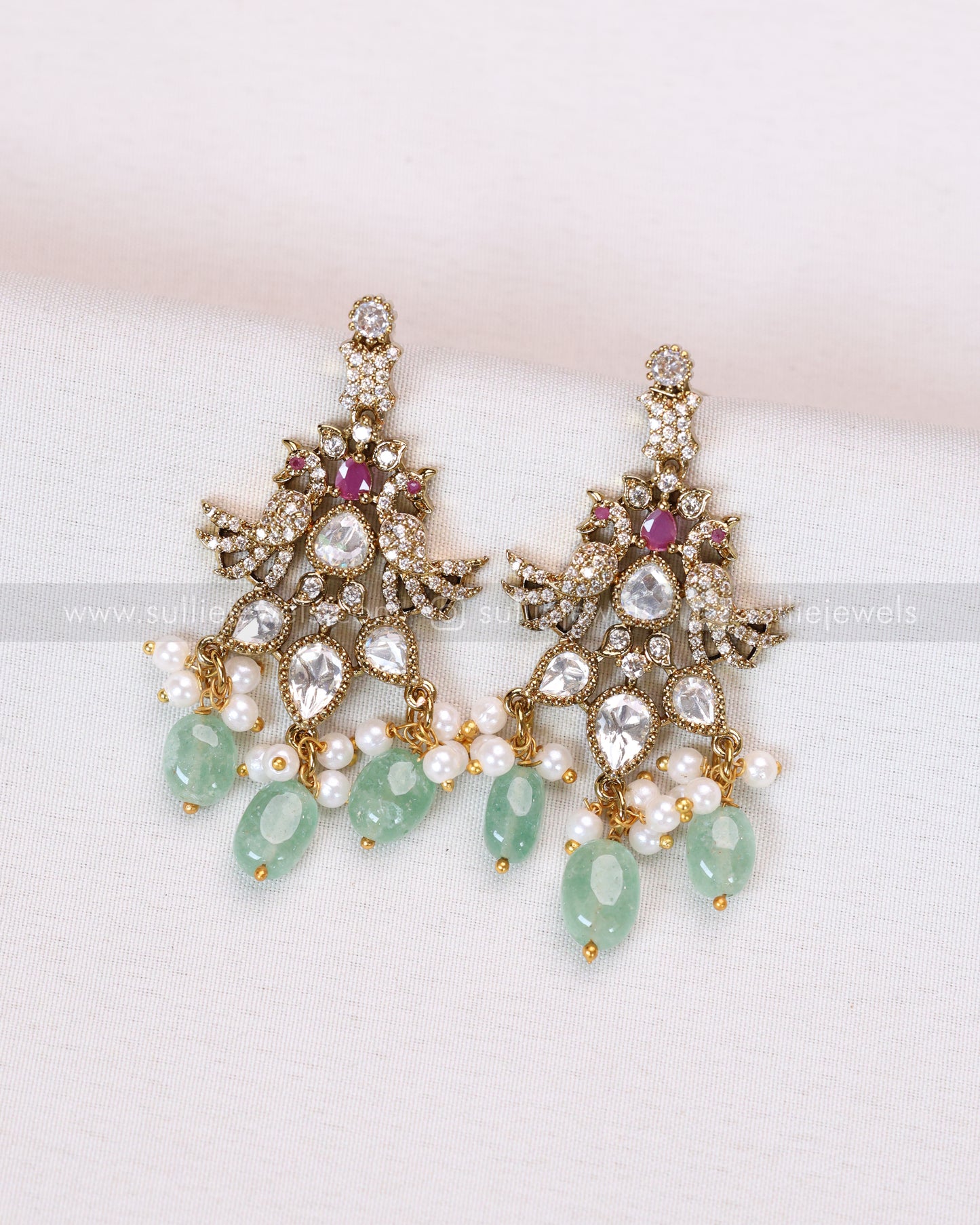 3637 - Mint Premium Victorian Stone Peacock Necklace with Earring