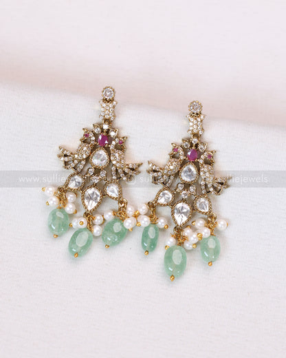 3637 - Mint Premium Victorian Stone Peacock Necklace with Earring