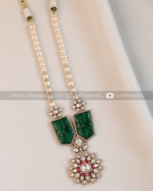 Moissanite & Carved Marble Stone Premium Pendant with Pearl Chain and Earrings