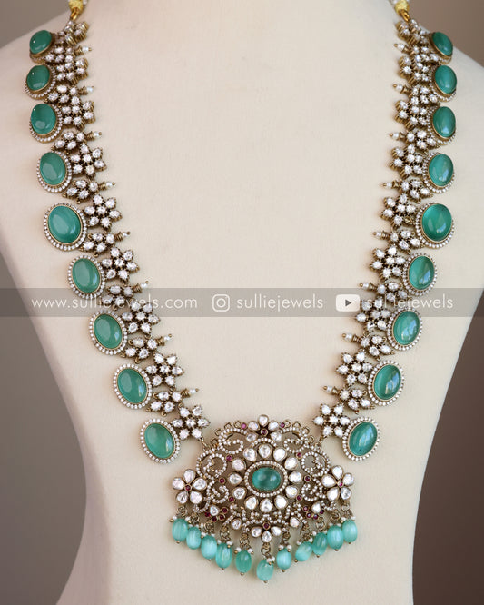 Victorian Premium Mint Green Long Chain Haram with Jhumkas
