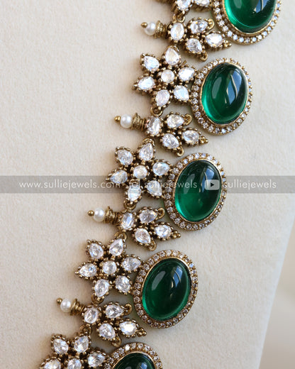 Victorian Premium Blue Green Long Chain Haram with Jhumkas