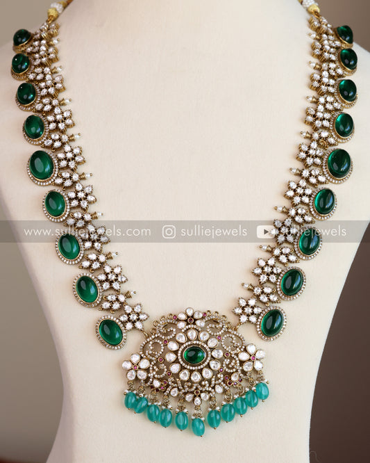 Victorian Premium Blue Green Long Chain Haram with Jhumkas