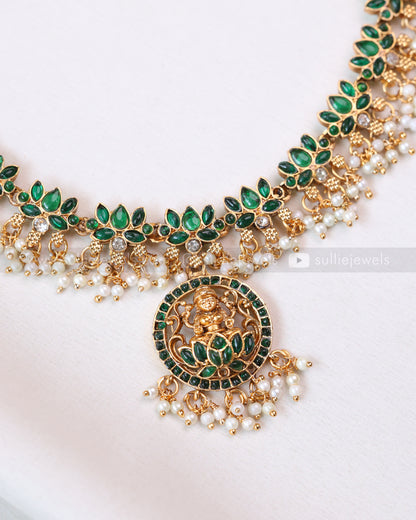 3409 - Sullie Basic - Lakshmi Pendant Lotus Guttapusalu Necklace with Jhumka - Green