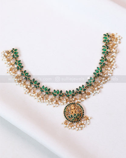 3409 - Sullie Basic - Lakshmi Pendant Lotus Guttapusalu Necklace with Jhumka - Green
