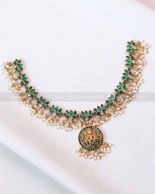 3409 - Sullie Basic - Lakshmi Pendant Lotus Guttapusalu Necklace with Jhumka - Green