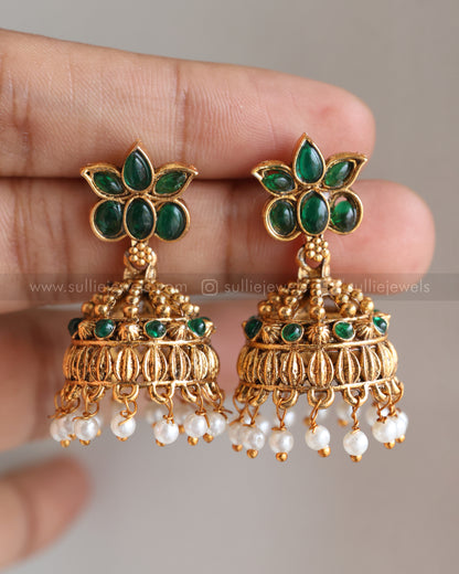 3409 - Sullie Basic - Lakshmi Pendant Lotus Guttapusalu Necklace with Jhumka - Green