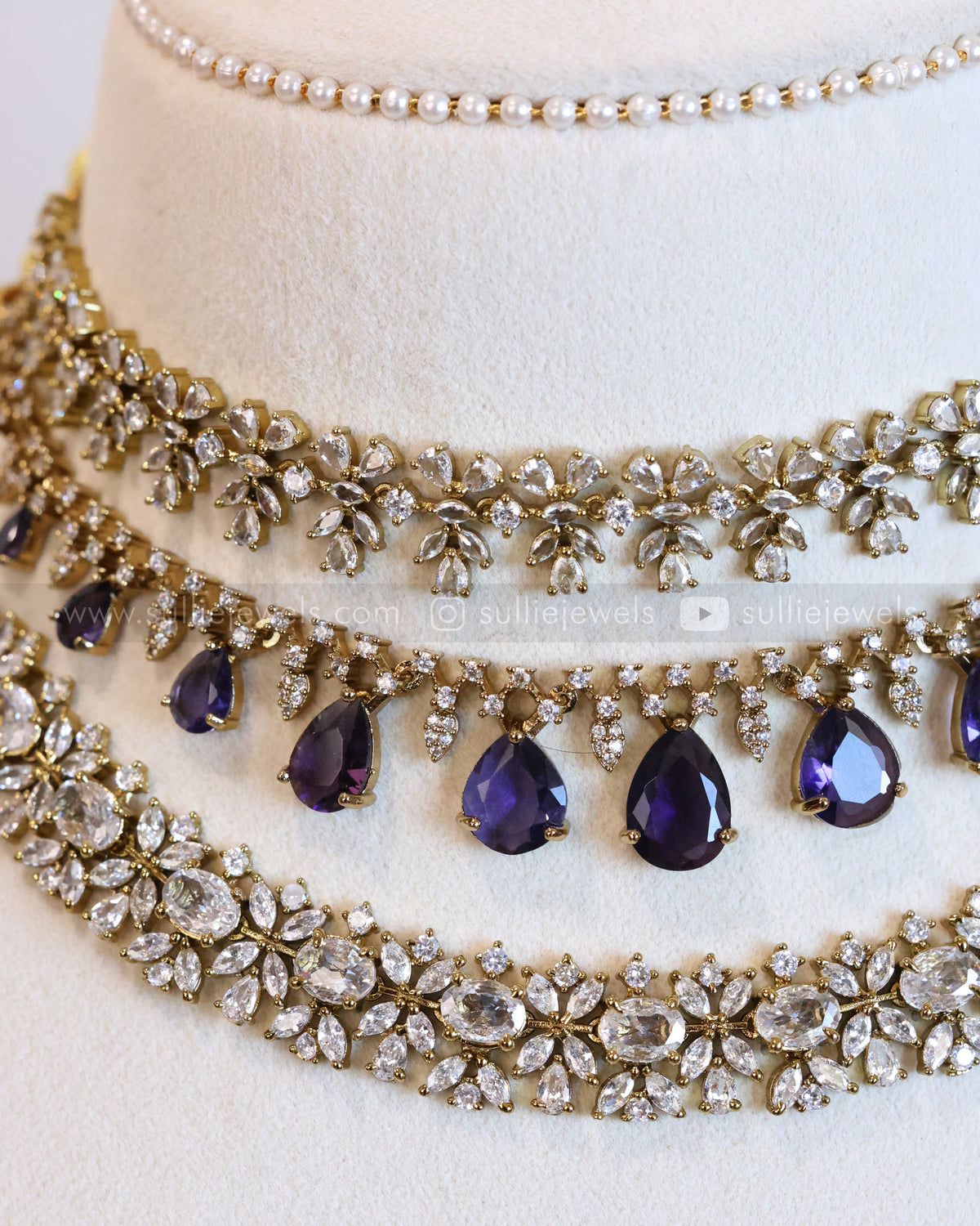 Diamond Lookalike Violet Raindrop Necklace Layered Combo