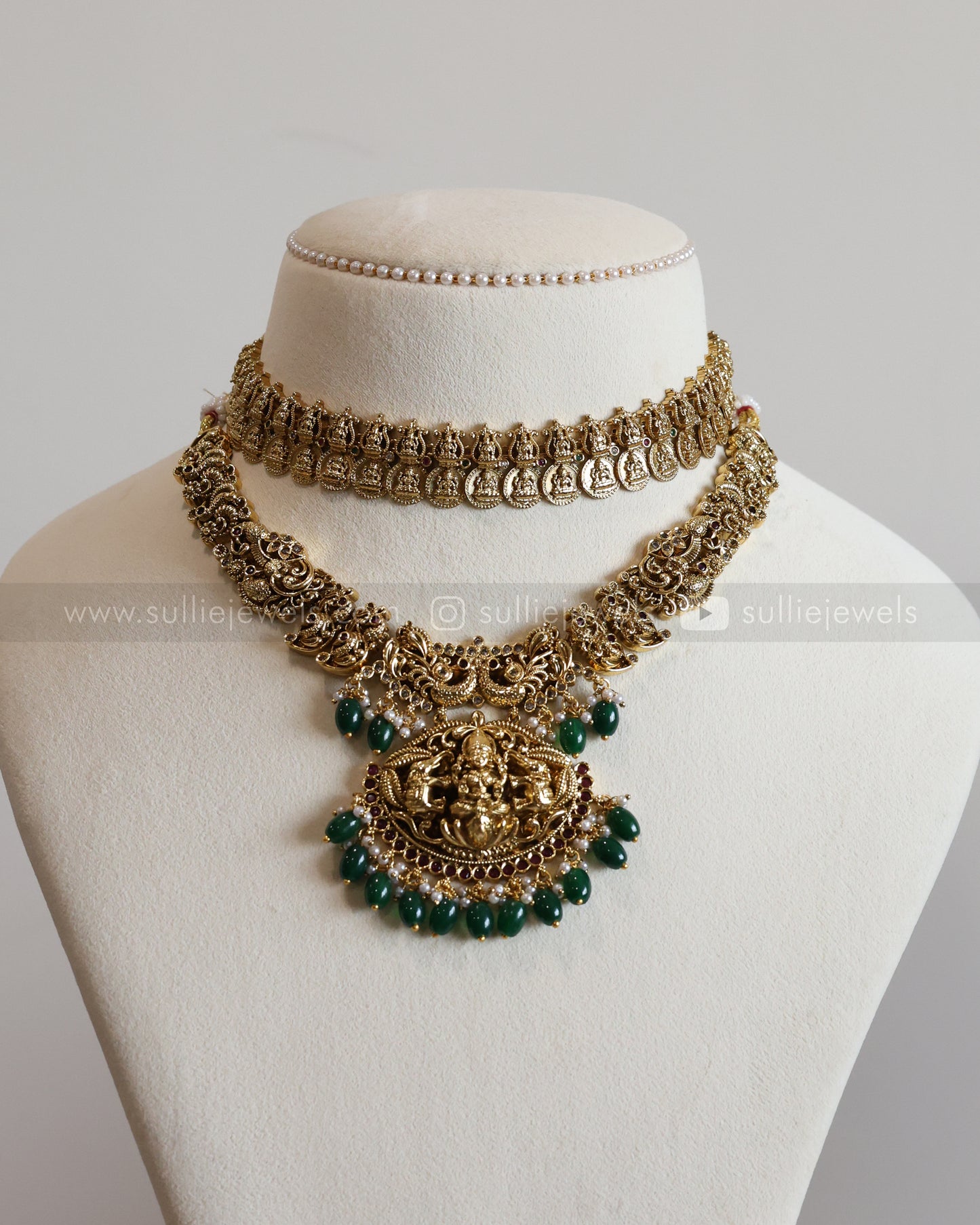 Lakshmi Detailed Coin & Green Beads Layered Combo