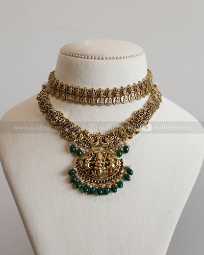 Lakshmi Detailed Coin & Green Beads Layered Combo