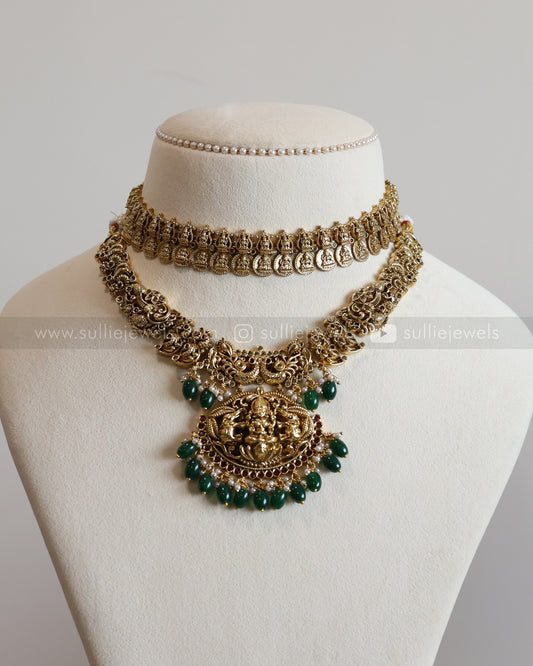 Lakshmi Detailed Coin & Green Beads Layered Combo