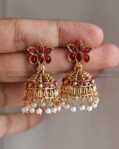 3408 - Sullie Basic - Lakshmi Pendant Lotus Guttapusalu Necklace with Jhumka - Red