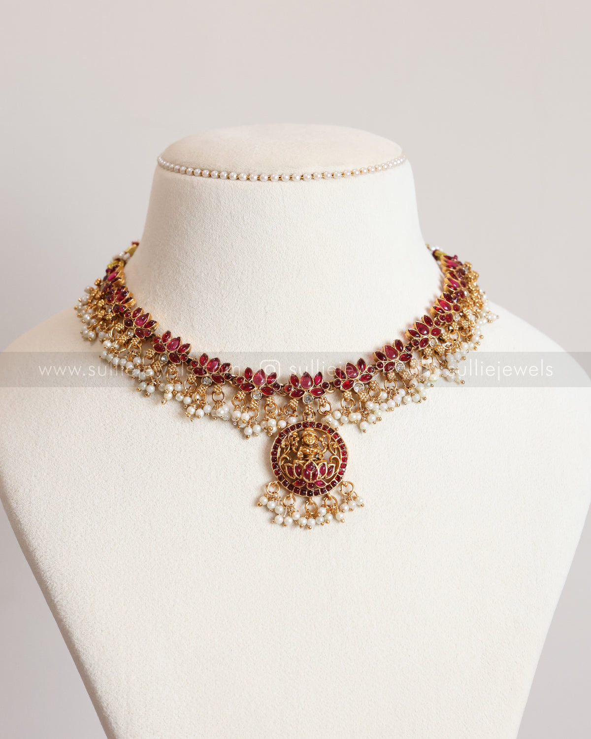 3408 - Sullie Basic - Lakshmi Pendant Lotus Guttapusalu Necklace with Jhumka - Red