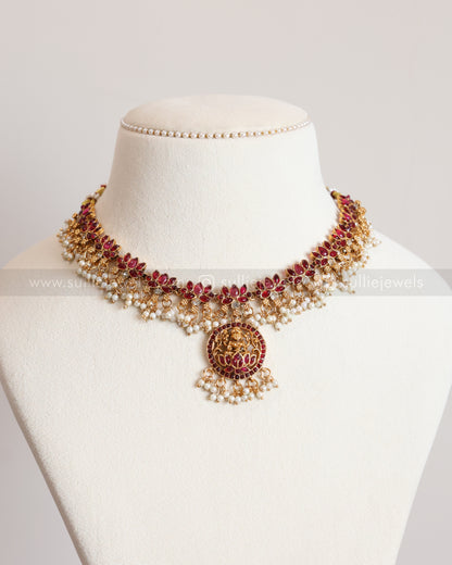 3408 - Sullie Basic - Lakshmi Pendant Lotus Guttapusalu Necklace with Jhumka - Red