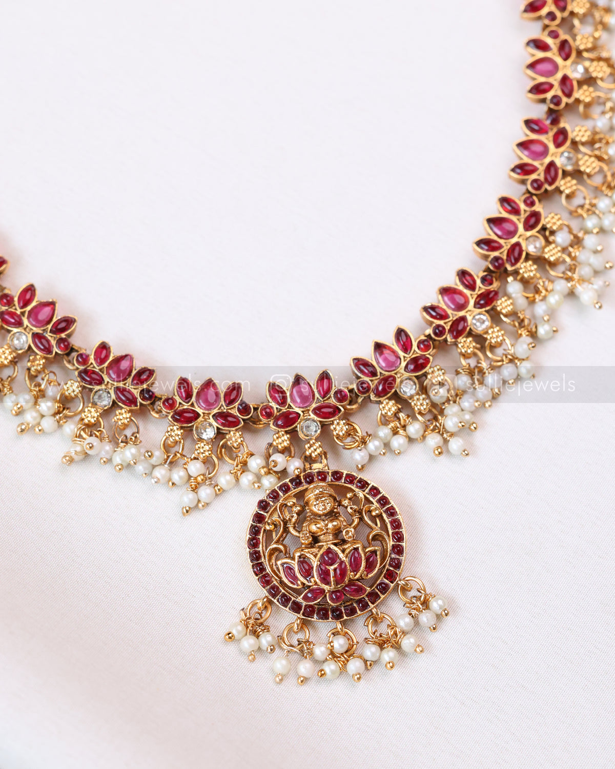 3408 - Sullie Basic - Lakshmi Pendant Lotus Guttapusalu Necklace with Jhumka - Red