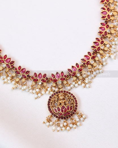 3408 - Sullie Basic - Lakshmi Pendant Lotus Guttapusalu Necklace with Jhumka - Red