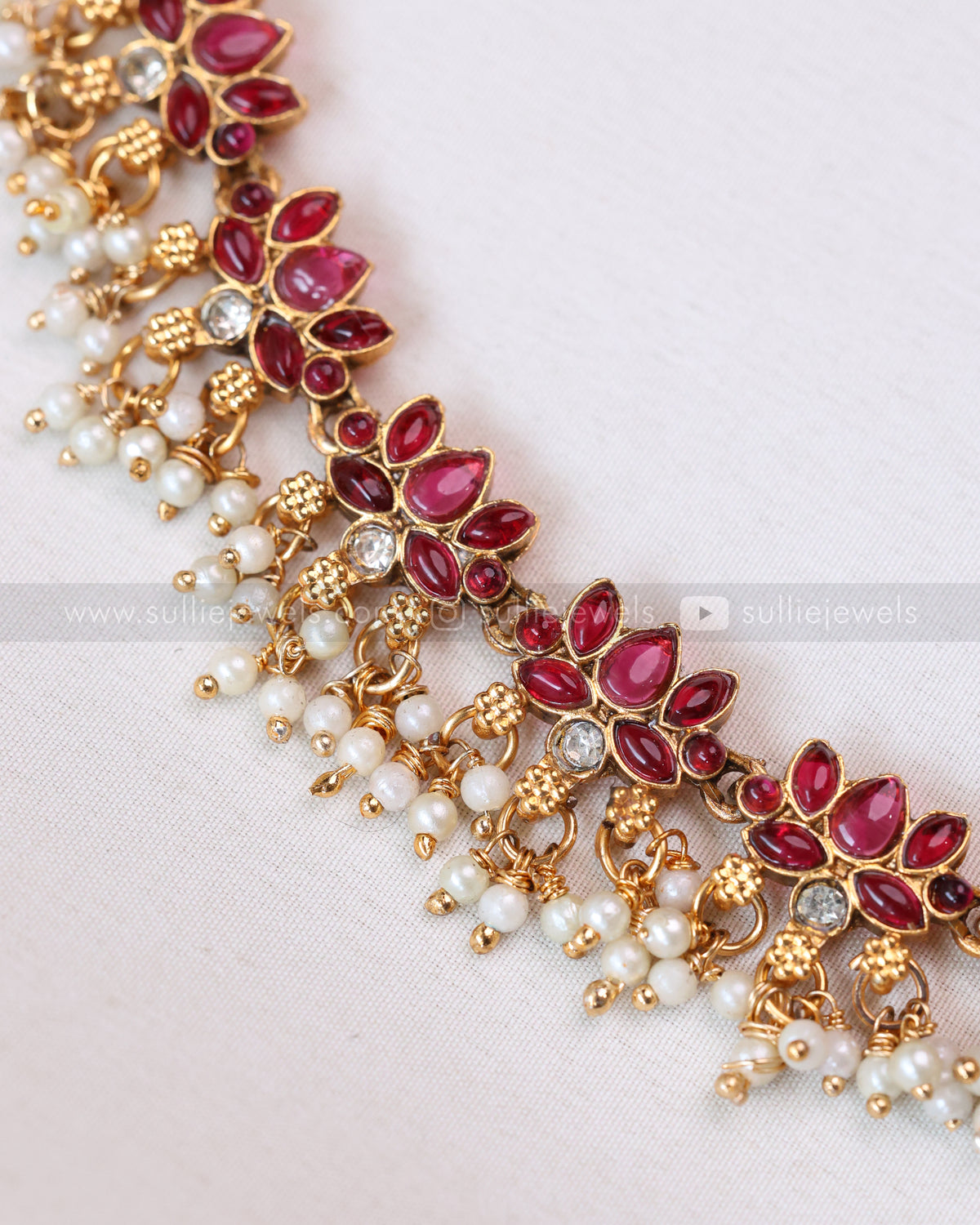 3408 - Sullie Basic - Lakshmi Pendant Lotus Guttapusalu Necklace with Jhumka - Red