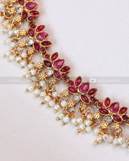 3408 - Sullie Basic - Lakshmi Pendant Lotus Guttapusalu Necklace with Jhumka - Red