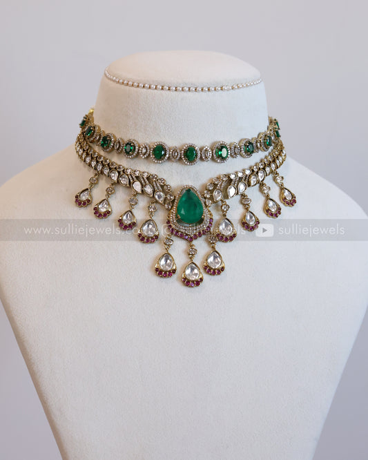 Victorian Green Raindrop Polki Layered Combo