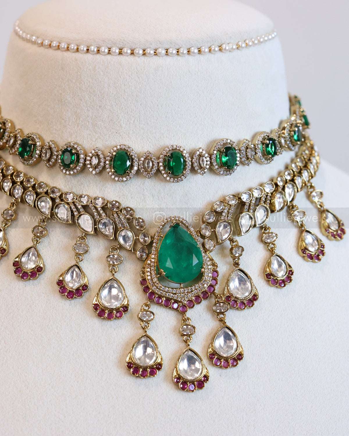 Victorian Green Raindrop Polki Layered Combo