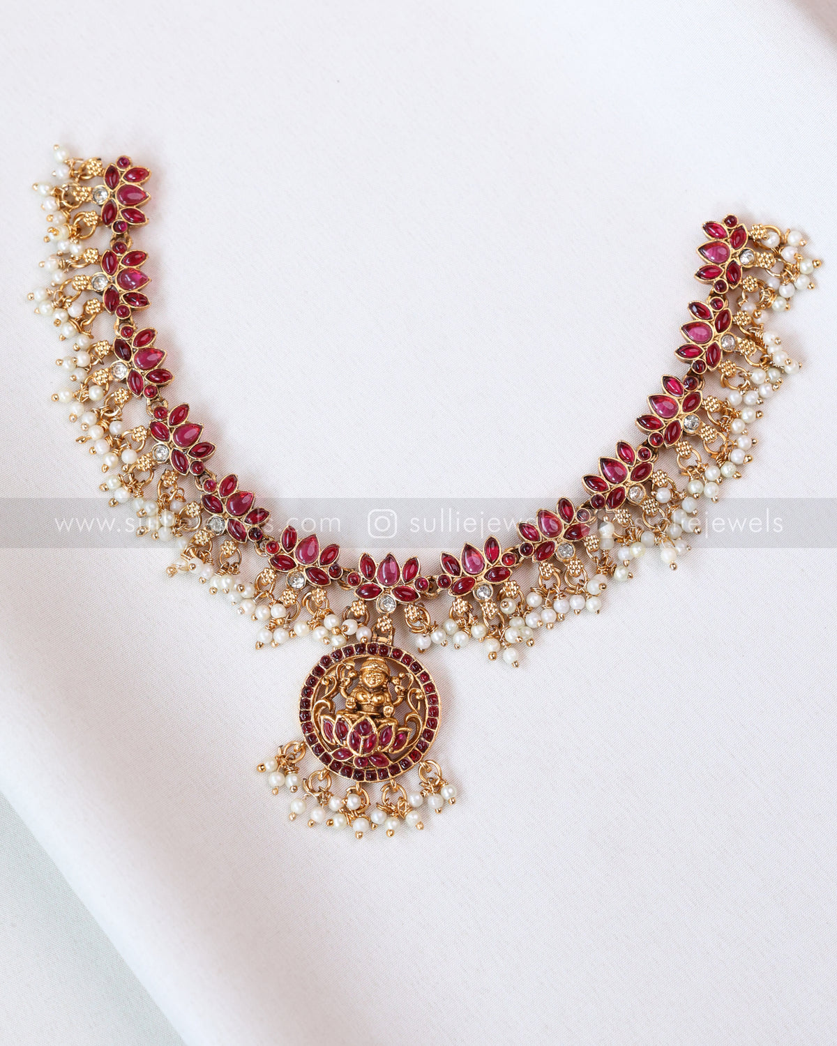 3408 - Sullie Basic - Lakshmi Pendant Lotus Guttapusalu Necklace with Jhumka - Red