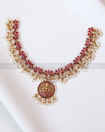 3408 - Sullie Basic - Lakshmi Pendant Lotus Guttapusalu Necklace with Jhumka - Red