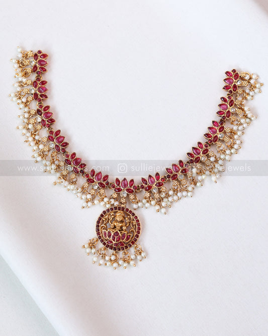 3408 - Sullie Basic - Lakshmi Pendant Lotus Guttapusalu Necklace with Jhumka - Red