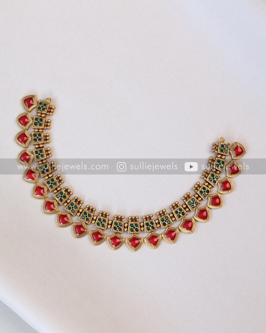 Red Palakka Enamel Necklace with Jhumka