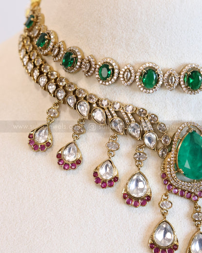 Victorian Green Raindrop Polki Layered Combo