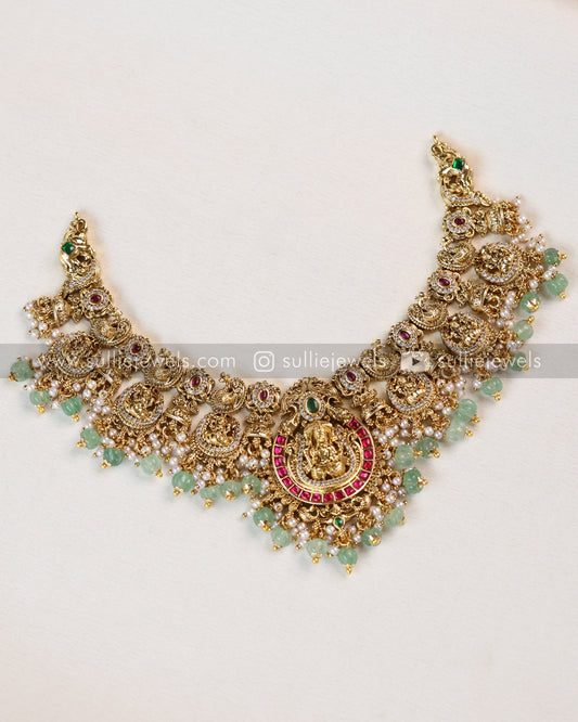 Premium Lakshmi Peacock Jadau Kemp Necklace - Mint beads
