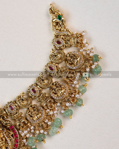 Premium Lakshmi Peacock Jadau Kemp Necklace - Mint beads