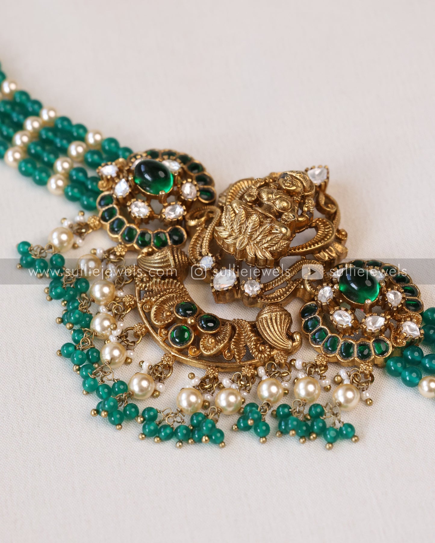 Lakshmi Kemp Antique Gold Premium Choker with - Mint Beads / Green Beads