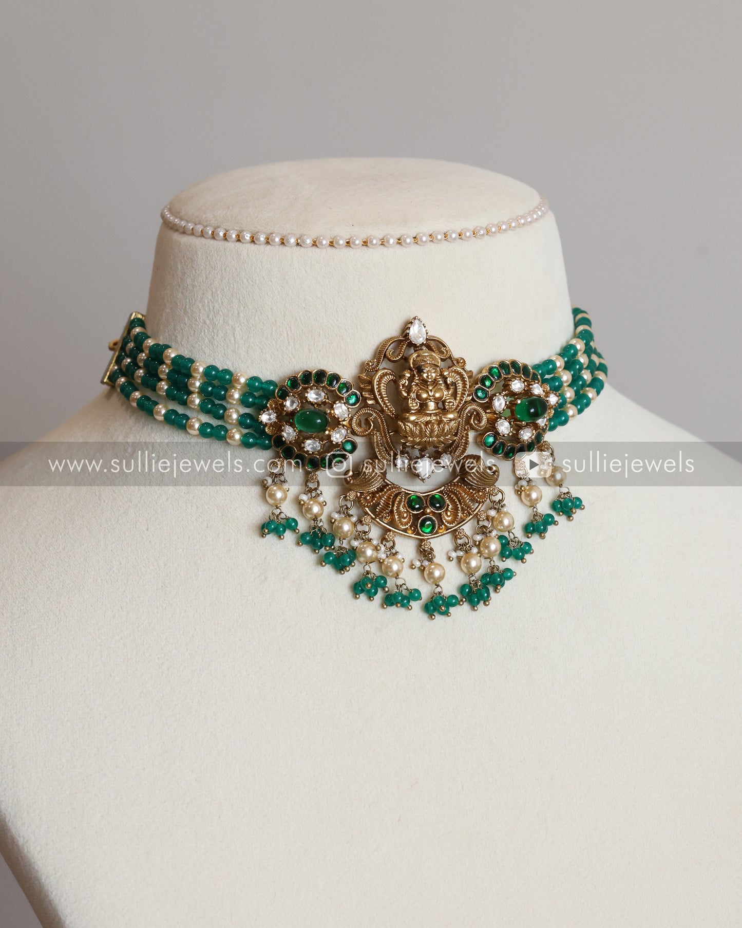 Lakshmi Kemp Antique Gold Premium Choker with - Mint Beads / Green Beads