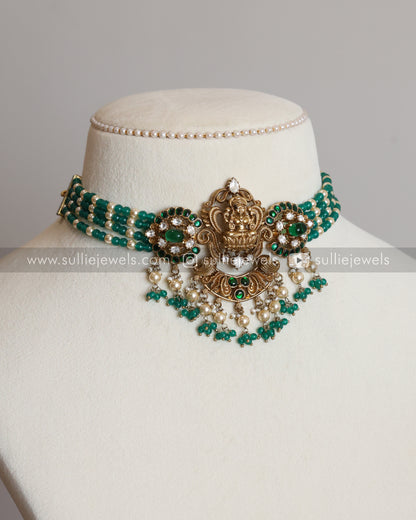 Lakshmi Kemp Antique Gold Premium Choker with - Mint Beads / Green Beads